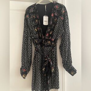 Free People Wonderland Printed mini Black and White Long Sleeve flowy Dress
